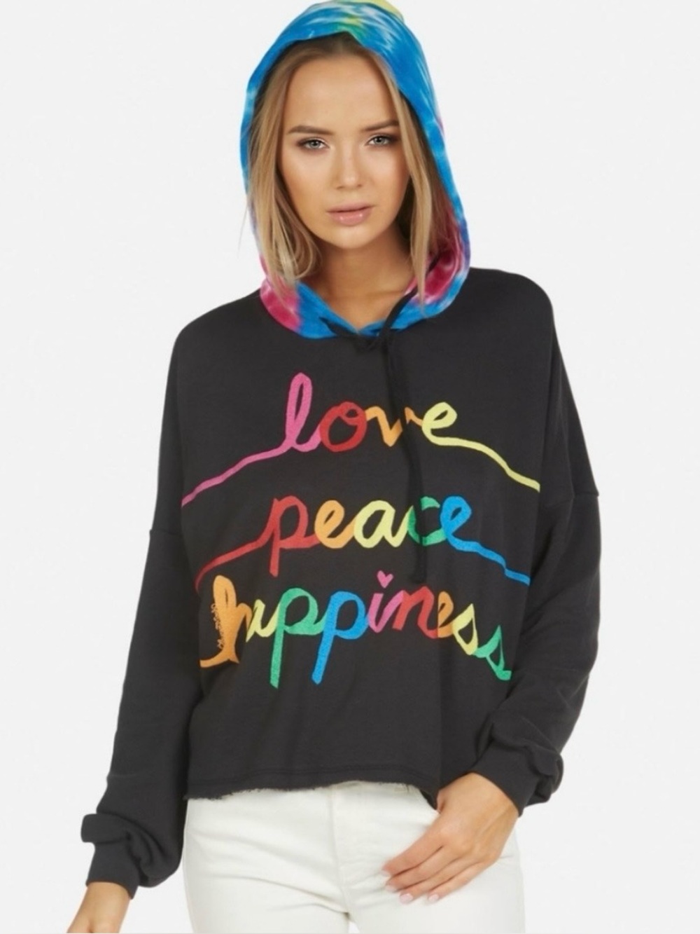 LAUREN MOSHI Tabitha Rainbow Love Peace Happiness Raw Hem Black Hoodie Sz M